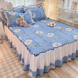 床單加厚床蓋夾棉床裙松緊防滑四件套蕾絲花邊被套保暖親膚透氣