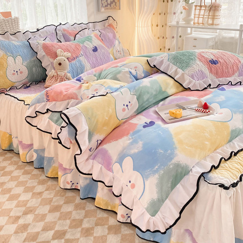 床單加厚床蓋夾棉床裙松緊防滑四件套蕾絲花邊被套保暖親膚透氣