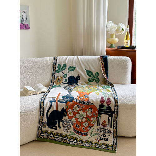 【美學系列】高級美學純棉復古貓咪油畫風掛毯掛畫門簾沙發巾