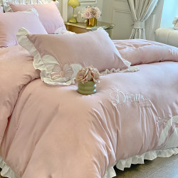 2025新全棉法式輕奢風雙層花邊被套立體刺綉四件套純棉公主水洗棉