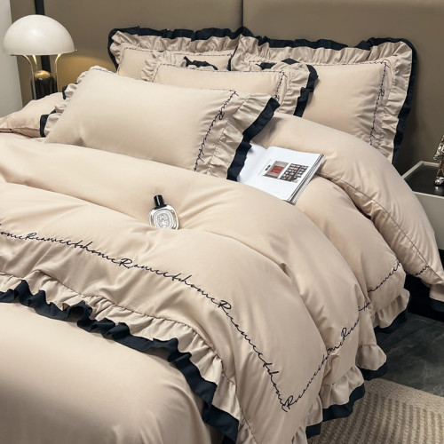 2025新全棉法式輕奢風雙層花邊被套立體刺綉四件套純棉公主水洗棉