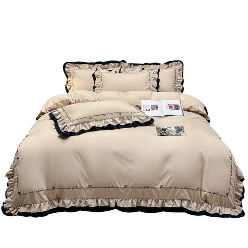 2025新全棉法式輕奢風雙層花邊被套立體刺綉四件套純棉公主水洗棉