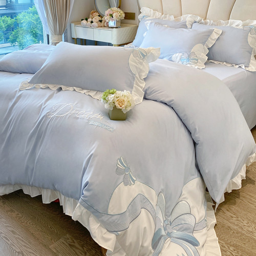 2025新全棉法式輕奢風雙層花邊被套立體刺綉四件套純棉公主水洗棉