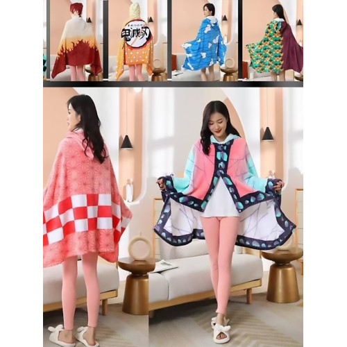 鬼滅之刃秋冬連帽披肩加厚法蘭絨COS服可穿戴毛毯動漫卡通保暖毯