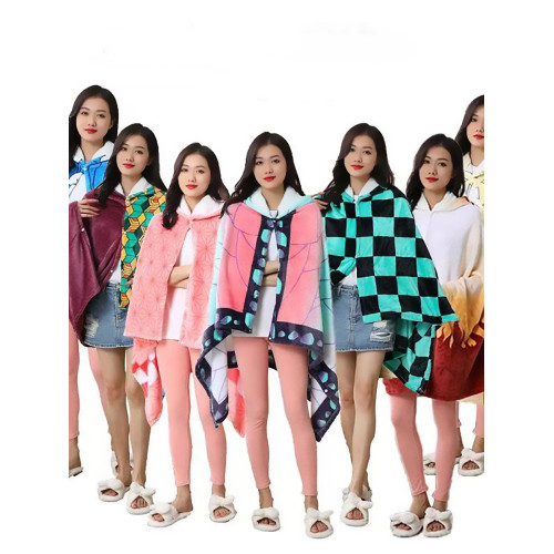 鬼滅之刃秋冬連帽披肩加厚法蘭絨COS服可穿戴毛毯動漫卡通保暖毯