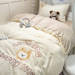 ins卡通少女心純棉裸睡四件套被套全棉刺綉小清新床單宿捨三件套