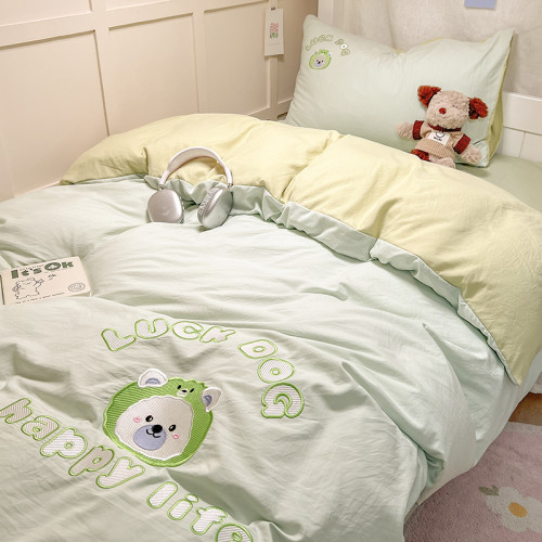 ins卡通少女心純棉裸睡四件套被套全棉刺綉小清新床單宿捨三件套