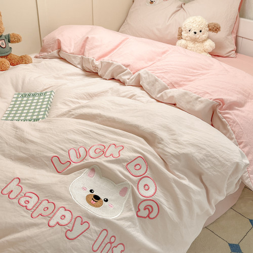 ins卡通少女心純棉裸睡四件套被套全棉刺綉小清新床單宿捨三件套