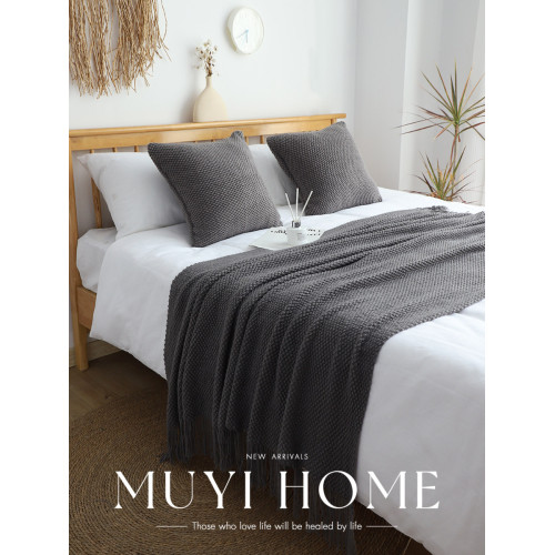 北歐素色床尾巾極簡侘寂風民宿酒店床上搭毯樣板間沙發毯針織蓋毯