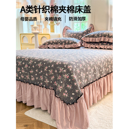 韓式公主風夾棉床蓋單件加厚花邊款床單榻榻米床墊三件套四季通用