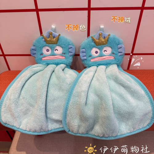 卡通醜魚擦手巾掛式吸水加厚衛生間擦手帕毛巾洗手小方巾廚房抹布