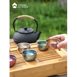 戶外純鈦杯雙層冰花茶杯耐高溫野外露營酒杯旅遊茶杯可攜式茶碗中式
