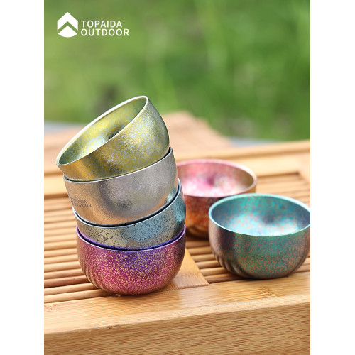戶外純鈦杯雙層冰花茶杯耐高溫野外露營酒杯旅遊茶杯可攜式茶碗中式