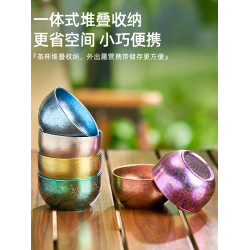 純鈦杯雙層冰花茶杯耐高溫野外露營酒杯旅遊茶杯戶外可攜式茶碗中式
