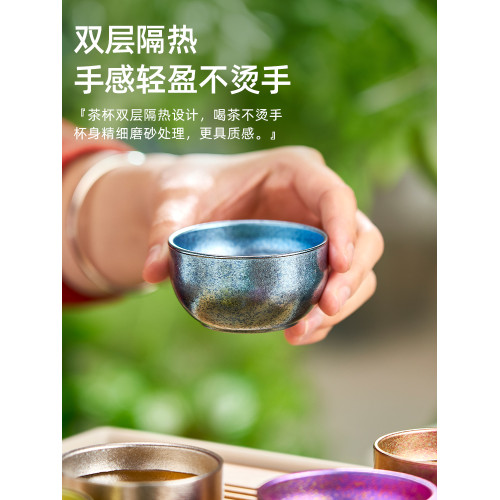 純鈦杯雙層冰花茶杯耐高溫野外露營酒杯旅遊茶杯戶外可攜式茶碗中式