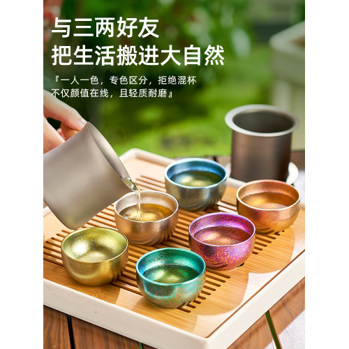 純鈦杯雙層冰花茶杯耐高溫野外露營酒杯旅遊茶杯戶外可攜式茶碗中式