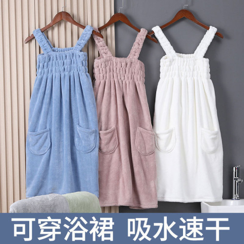 隆利珊瑚絨吊帶浴巾女可穿可裹吸水洗澡家用懶人浴裙乾髮帽速乾