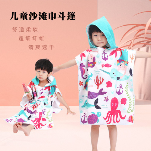 雙面絨數碼印花沙灘巾 兒童鬥篷速乾浴巾超細纖維沙灘巾