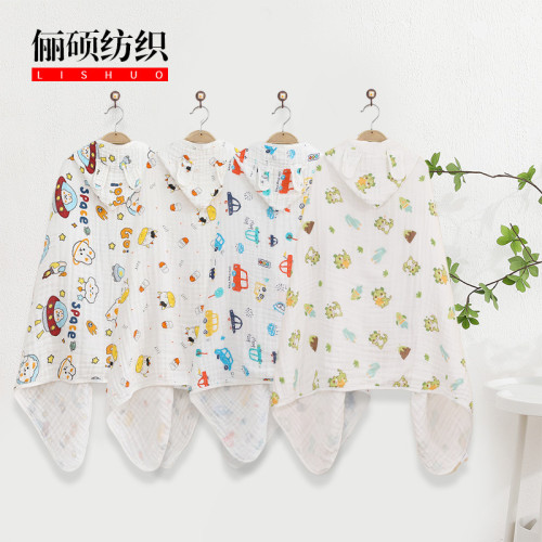 新款嬰幼兒四層泡泡紗帶帽浴巾鬥篷寶寶包被柔軟透氣吸水洗澡裹巾