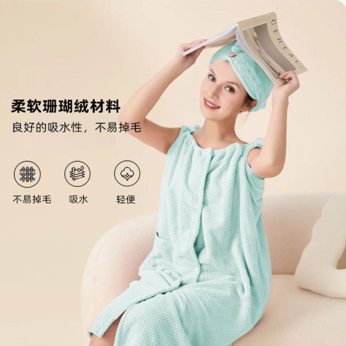 女士可穿式裹胸加大加厚吊帶浴裙成人速乾浴袍超大浴巾菠蘿格