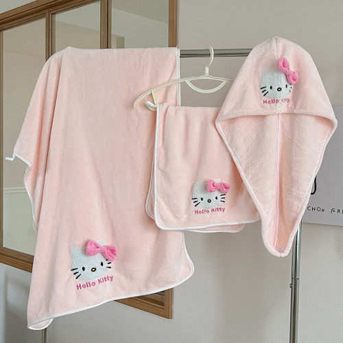 HelloKitty浴巾正版可愛包頭巾珊瑚絨吸水兒童卡通速乾帽毛巾套裝