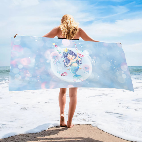 兒童女孩美人魚沙灘巾紫色女生海邊速乾浴巾超細纖維毛巾速乾泳池