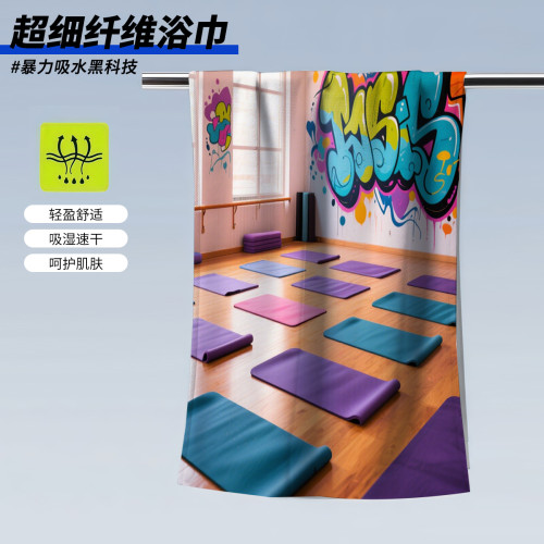 健身系列印花浴巾運動浴巾遊泳必備沙灘巾吸水速乾浴巾不掉毛冷感
