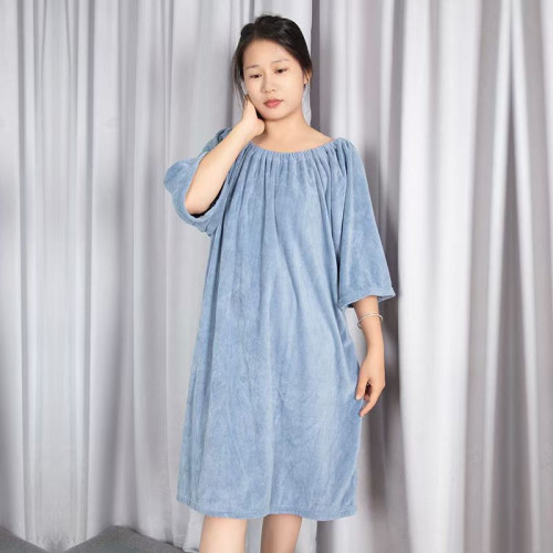 浴裙美容院肩頸按摩服一字肩可穿袖珊瑚絨浴巾吸水短袖浴袍