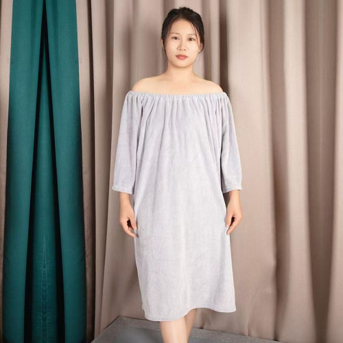 浴裙美容院肩頸按摩服一字肩可穿袖珊瑚絨浴巾吸水短袖浴袍