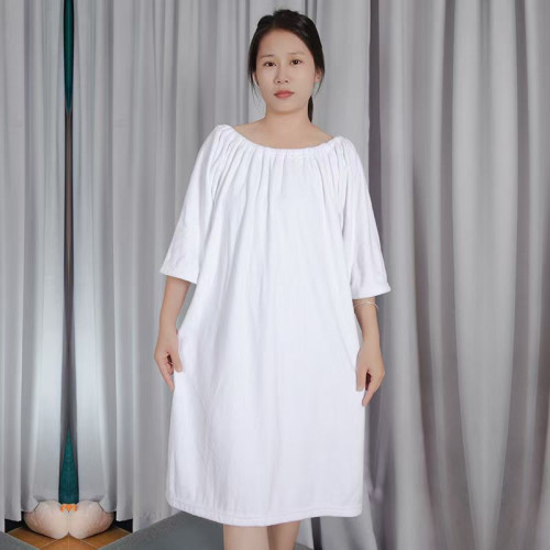 浴裙美容院肩頸按摩服一字肩可穿袖珊瑚絨浴巾吸水短袖浴袍