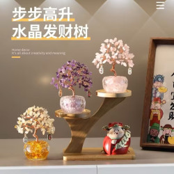 天然粉紫黃水晶發財樹財神擺件辦公室工位玄關招財樹桌面裝飾禮物
