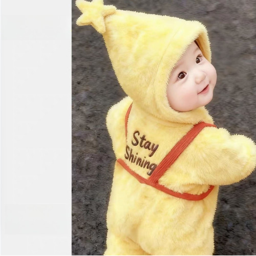 嬰兒冬裝黃色星星人兒童可愛超萌連體衣寶寶加絨厚外出爬服 嬰兒冬裝黃色星星人兒童可愛超萌連體衣寶寶加絨厚外出爬服