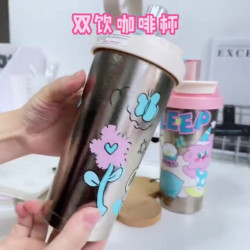 雙層鈦杯新款卡通高顔值雙飲吸琯杯純鈦保溫杯咖啡杯美式拿鐵杯