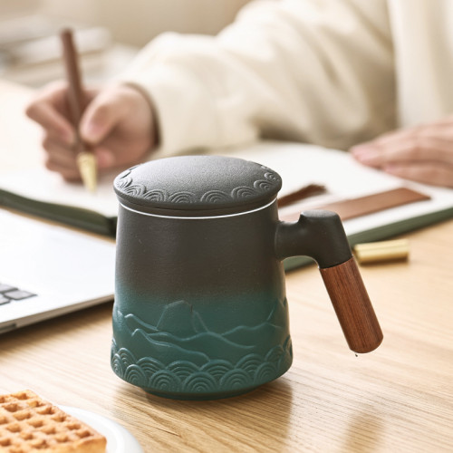 千裡江山山海杯商務禮品套裝 馬克杯伴手禮 陶瓷杯三件套雕刻