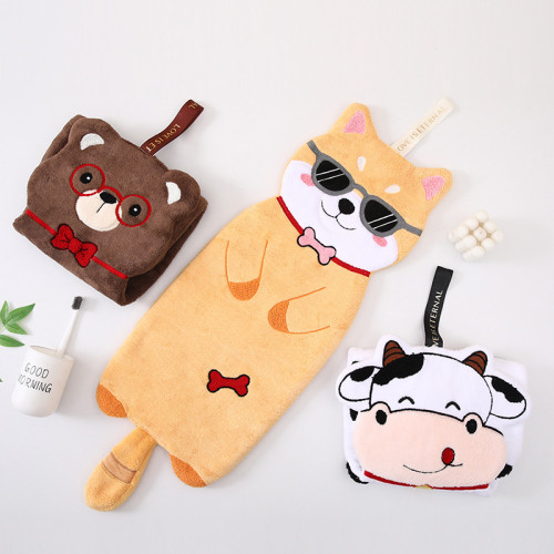 長條動物擦手巾可愛珊瑚絨擦手毛巾衛生間廚房掛式吸水加厚擦手帕