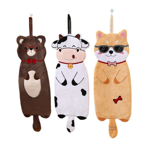 長條動物擦手巾可愛珊瑚絨擦手毛巾衛生間廚房掛式吸水加厚擦手帕