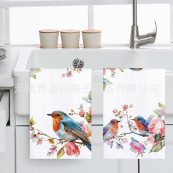 可愛樹枝小鳥印花毛巾布擦手巾茶巾數碼印花廚房浴室