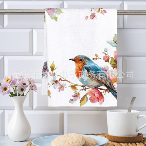 可愛樹枝小鳥印花毛巾布擦手巾茶巾數碼印花廚房浴室