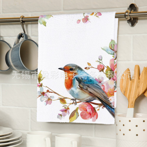 可愛樹枝小鳥印花毛巾布擦手巾茶巾數碼印花廚房浴室