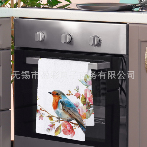 可愛樹枝小鳥印花毛巾布擦手巾茶巾數碼印花廚房浴室
