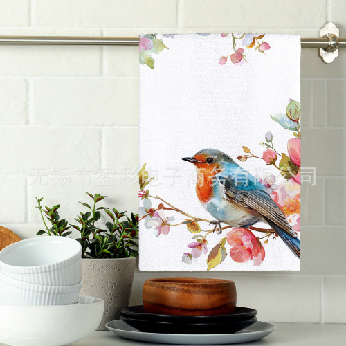 可愛樹枝小鳥印花毛巾布擦手巾茶巾數碼印花廚房浴室