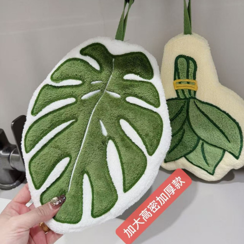 新款龜背竹掛式廚房擦手巾珊瑚絨加厚吸水擦手布綠植海芋葉子抹布