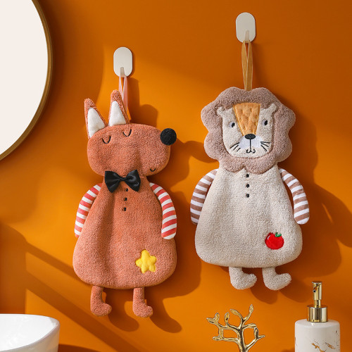 卡通動物造型珊瑚絨擦手巾浴室掛式吸水毛巾廚房加厚綉花方巾