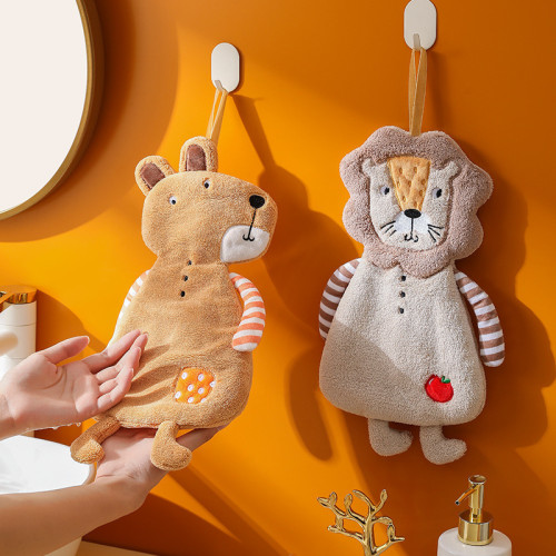 卡通動物造型珊瑚絨擦手巾浴室掛式吸水毛巾廚房加厚綉花方巾