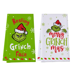 華夫格廚房毛巾格林奇聖誕節裝飾印花吸水擦手巾