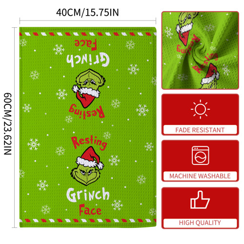 華夫格廚房毛巾格林奇聖誕節裝飾印花吸水擦手巾