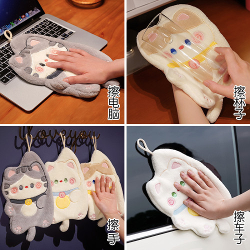 ♤貓咪擦手巾可掛強吸水洗手巾兒童檫手巾廚房珊瑚絨小抹手毛巾