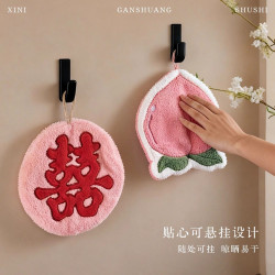 新中式珊瑚絨擦手巾粉色福桃吸水毛巾廚房浴室抹布刺綉小帕子