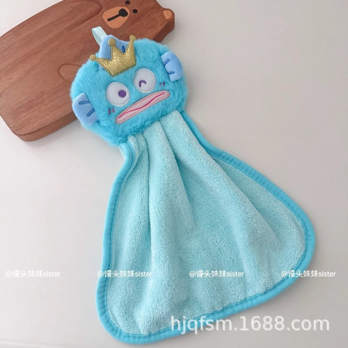 可愛卡通醜魚珊瑚絨掛式擦手巾家用廚房加厚吸水小毛巾兒童抹手布