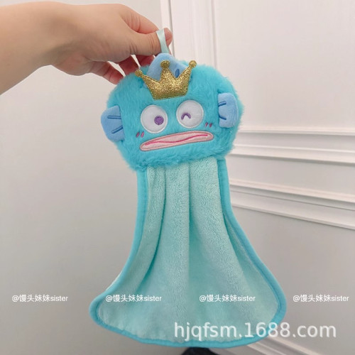 可愛卡通醜魚珊瑚絨掛式擦手巾家用廚房加厚吸水小毛巾兒童抹手布